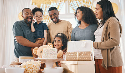 Buy stock photo Big family, birthday and celebration cake with kids, father and love together in a home with smile. Event, presents and children with dad and singing with bonding, candles and care in a house