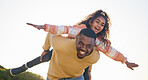 Dad, girl child and piggy back for airplane on holiday, garden or outdoor in summer, bonding or playful. Father, kid and happy for game, love or care in backyard, park or nature for plane in sunshine