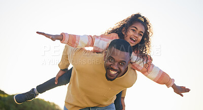 Buy stock photo Dad, girl child and piggy back for airplane on holiday, garden or outdoor in summer, bonding or playful. Father, kid and happy for game, love or care in backyard, park or nature for plane in sunshine