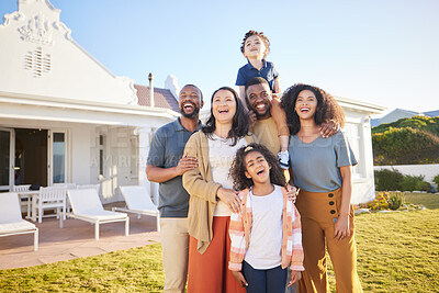 Buy stock photo Parents, grandparents and children outdoor at a house laughing together on funny vacation in summer. Interracial family at a holiday home with happiness of men, women and kids for generation love