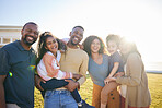 Portrait of parents, grandparents and children outdoor laughing together on funny vacation in summer. African family at a holiday house with happiness of men, women and kids for generation love