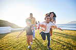 Nature, excited and family running, have fun and playing games, parents chase children and bond on summer travel vacation. Energy, sunshine and happy kids, mom and dad love, care and freedom together