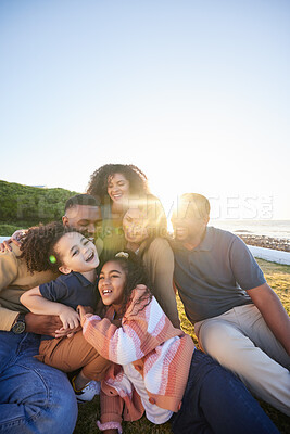 Buy stock photo Parents, grandparents and happy children hug outdoor or laughing together on funny vacation in summer. Big family on grass for holiday in nature with care of men, women and kids for sunset sky banner