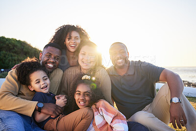 Buy stock photo Children, parents and grandparents portrait outdoor at beach to relax for summer vacation. Happy men, women and kids or family together at sunset for holiday with love, care and fun bonding on nature