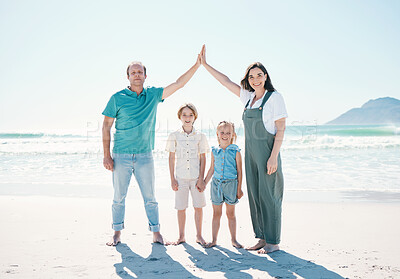 Happy family, portrait and beach for summer vacation, travel or outdoor holiday together. Father, mother and children smile in happiness on ocean coast for fun day, bonding or break at sea on mockup