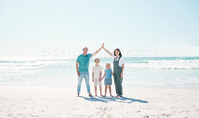 Happy family, portrait and beach on mockup for summer vacation, travel or outdoor holiday together. Father, mother and children smile in happiness on ocean coast for fun day, bonding or break at sea