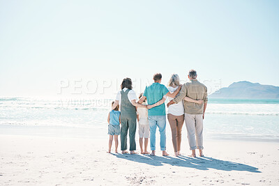 Buy stock photo Back, beach and family with love, hug and summer vacation with bonding, support and travel. Grandparents, mother and father with children, embrace or seaside holiday with care, ocean and mockup space