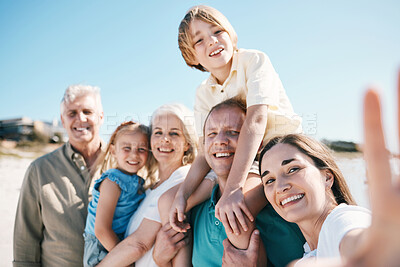 Buy stock photo Family, grandparents and children in beach selfie, smile or bonding for love, sunshine or memory on vacation. Men, women and kids by sea, portrait or happy with social media post for summer in Spain