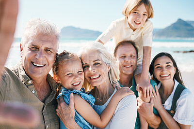 Buy stock photo Family, grandparents and children in beach selfie, portrait or parents for love, sunshine or memory on holiday. Men, women and kids by sea, happy and update on social network post for summer in Spain