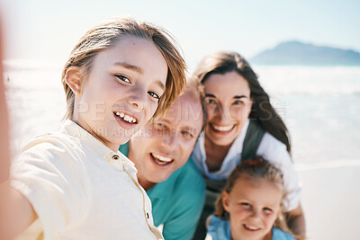 Buy stock photo Parents, kids and beach selfie with smile, portrait or care with bonding, love and sunshine on vacation memory. Mom, father and children by sea, waves or social media on holiday for summer in Spain