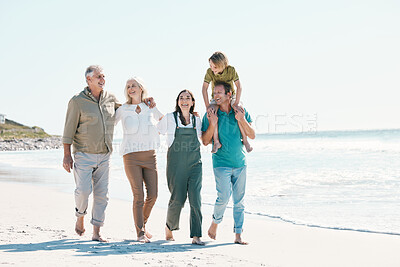 Buy stock photo Walking, beach and family generations together on vacation, holiday or tropical weekend trip. Happy, travel and child with parents and grandparents bonding by ocean or sea on adventure in Australia.