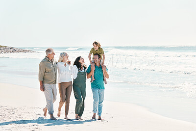 Buy stock photo Relax, travel and walking with big family on the beach for support, summer vacation or bonding. Freedom, health and love with people on seaside holiday for adventure, trust or happiness together