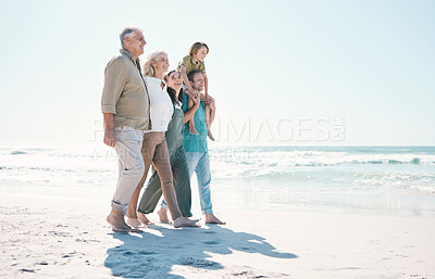 Buy stock photo Walking, beach and big family together on vacation, holiday or tropical weekend trip with love. Happy, travel and child with parents and grandparents bonding by ocean or sea on adventure in Australia