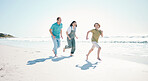 Running, travel and energy with family on beach for happy, freedom and summer vacation. Love, relax and adventure with people playing on seaside holiday for health, bonding and games together