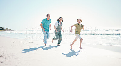 Buy stock photo Running, travel and energy with family on beach for happy, freedom and summer vacation. Love, relax and adventure with people playing on seaside holiday for health, bonding and games together