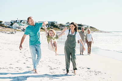 Buy stock photo Walking, adventure and family generations on a beach together on vacation, holiday or weekend trip. Happy, travel and child with parents and grandparents bonding by ocean or sea in Australia.