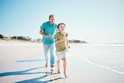 Buy stock photo Running, games and happy with family on beach for energy, freedom and summer vacation. Love, relax and adventure with people playing on seaside holiday for health, bonding and travel together