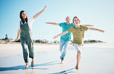 Buy stock photo Running, travel and freedom with family on beach for energy, happy and summer vacation. Love, relax and adventure with people playing on seaside holiday for health, bonding and games together