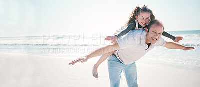 Buy stock photo Beach, flying and father with girl, portrait and summer vacation with love. smile and bonding. Happy family, parent and dad carrying child, kid and freedom with travel, seaside holiday and energy