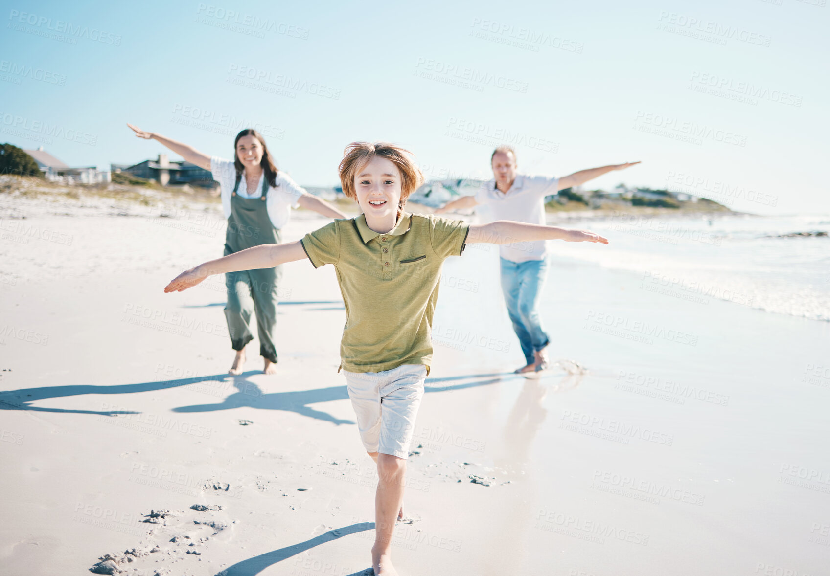 Buy stock photo Running, freedom and happy with family on beach for energy, travel and summer vacation. Love, relax and adventure with people playing on seaside holiday for health, bonding and games together