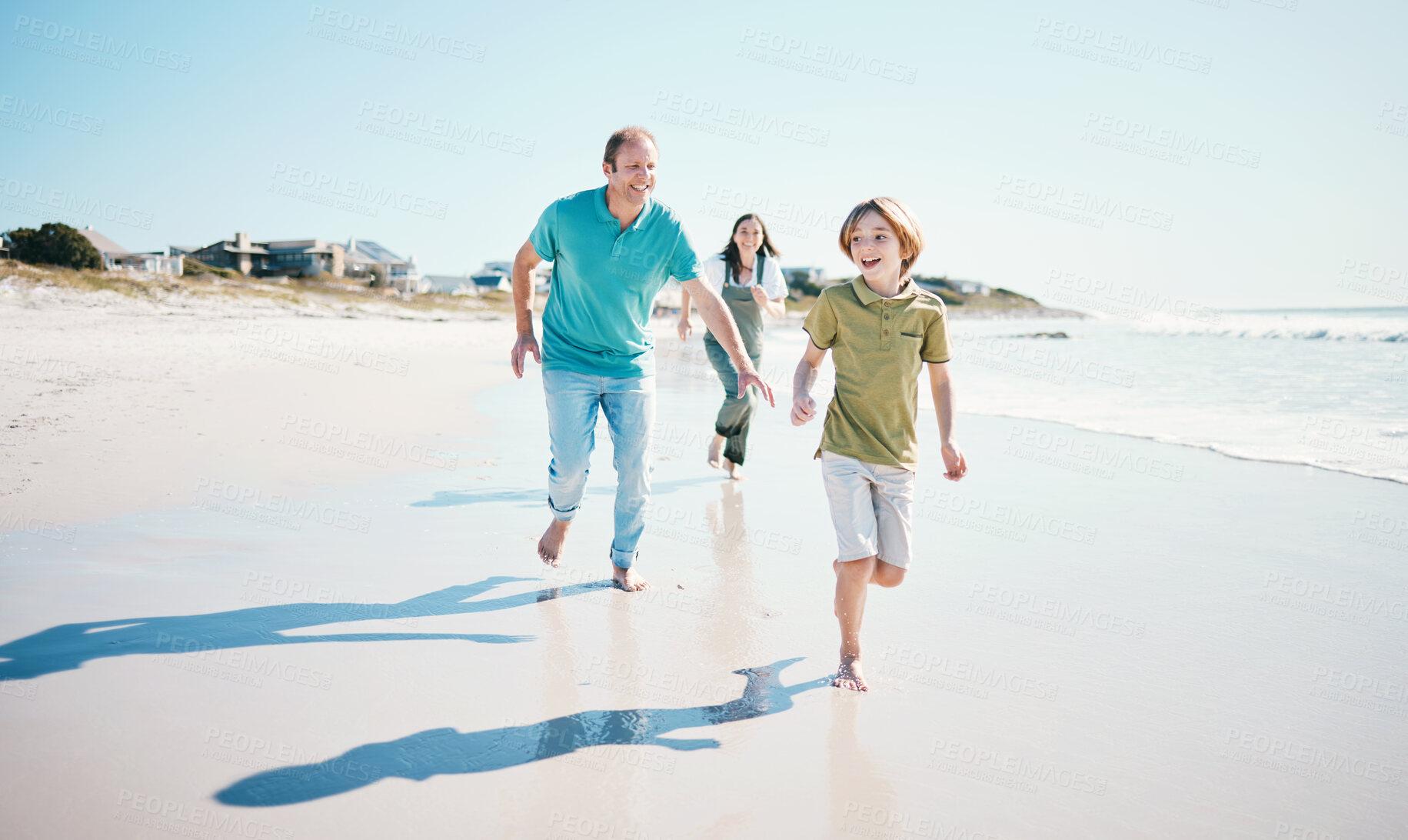 Buy stock photo Running, fun and happy with family on beach for energy, freedom and summer vacation. Love, relax and travel adventure with people playing on seaside holiday for health, bonding and games together