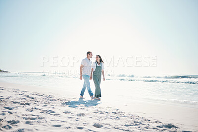 Buy stock photo Beach, happy couple or walking while holding hands on vacation, care or bonding in summer mockup space. Man, woman or smile at ocean to travel, romance or support love in relationship together at sea