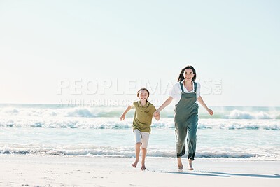 Buy stock photo Running, holding hands and mother with child on beach for energy, freedom and summer vacation mockup. Love, relax and adventure with family on seaside holiday for health, bonding and games together