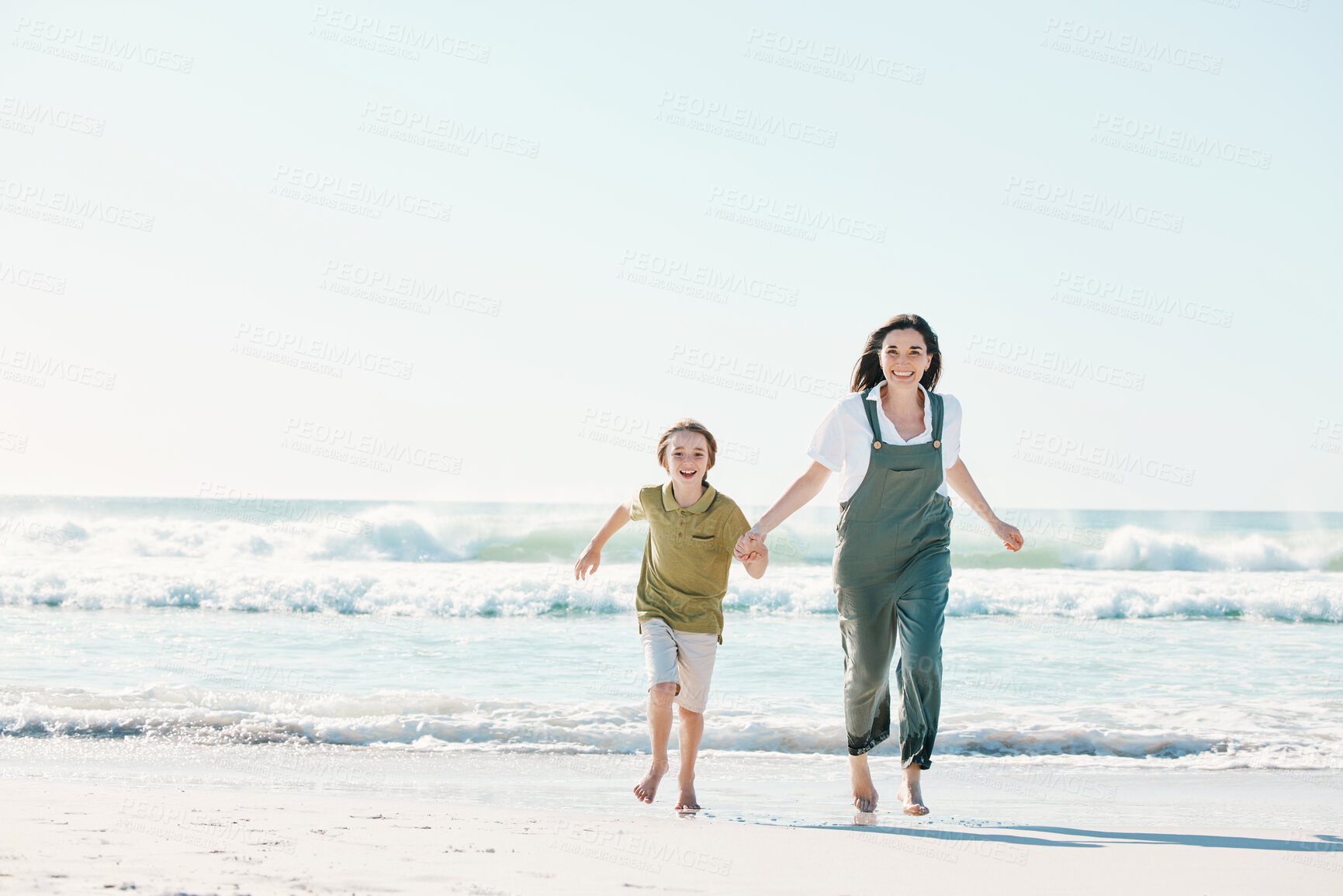 Buy stock photo Running, holding hands and mother with child on beach for energy, freedom and summer vacation mockup. Love, relax and adventure with family on seaside holiday for health, bonding and games together