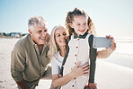 Family, selfie smile and beach holiday with grandparents and young girl together with travel. Happy, child and portrait at the sea and ocean with profile picture for social media on summer vacation 