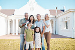 Happy big family, portrait and real estate on grass in new home, property or investment on outdoor lawn. Parents, grandparents and kids smile for moving in, house or bonding in happiness together