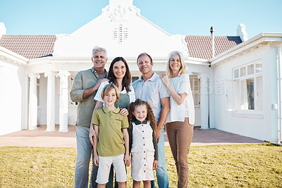 Buy stock photo Happy big family, portrait and real estate on grass in new home, property or investment on outdoor lawn. Parents, grandparents and kids smile for moving in, house or bonding in happiness together