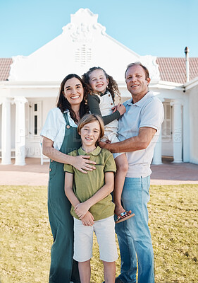 Buy stock photo Happy family, portrait and real estate on grass in new home, property or investment on outdoor lawn. Mother, father and kids smile for moving in, house or bonding in happiness or embrace together