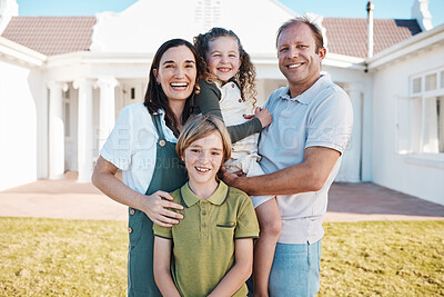 Buy stock photo Happy family, portrait and real estate in new home, property or investment on outdoor grass or lawn. Mother, father and kids smile for moving in, house or bonding in happiness or embrace together