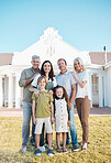 Happy big family, portrait and real estate on lawn in new home, property or investment on outdoor grass. Parents, grandparents and kids smile for moving in, house or bonding in happiness together