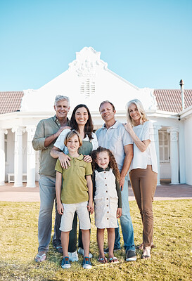 Buy stock photo Happy big family, portrait and real estate on lawn in new home, property or investment on outdoor grass. Parents, grandparents and kids smile for moving in, house or bonding in happiness together