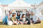 Family, real estate and children in the garden of their home together for fun or bonding in summer. Smile, happy or funny with grandparents, parents and kids on a lawn in the yard of their property