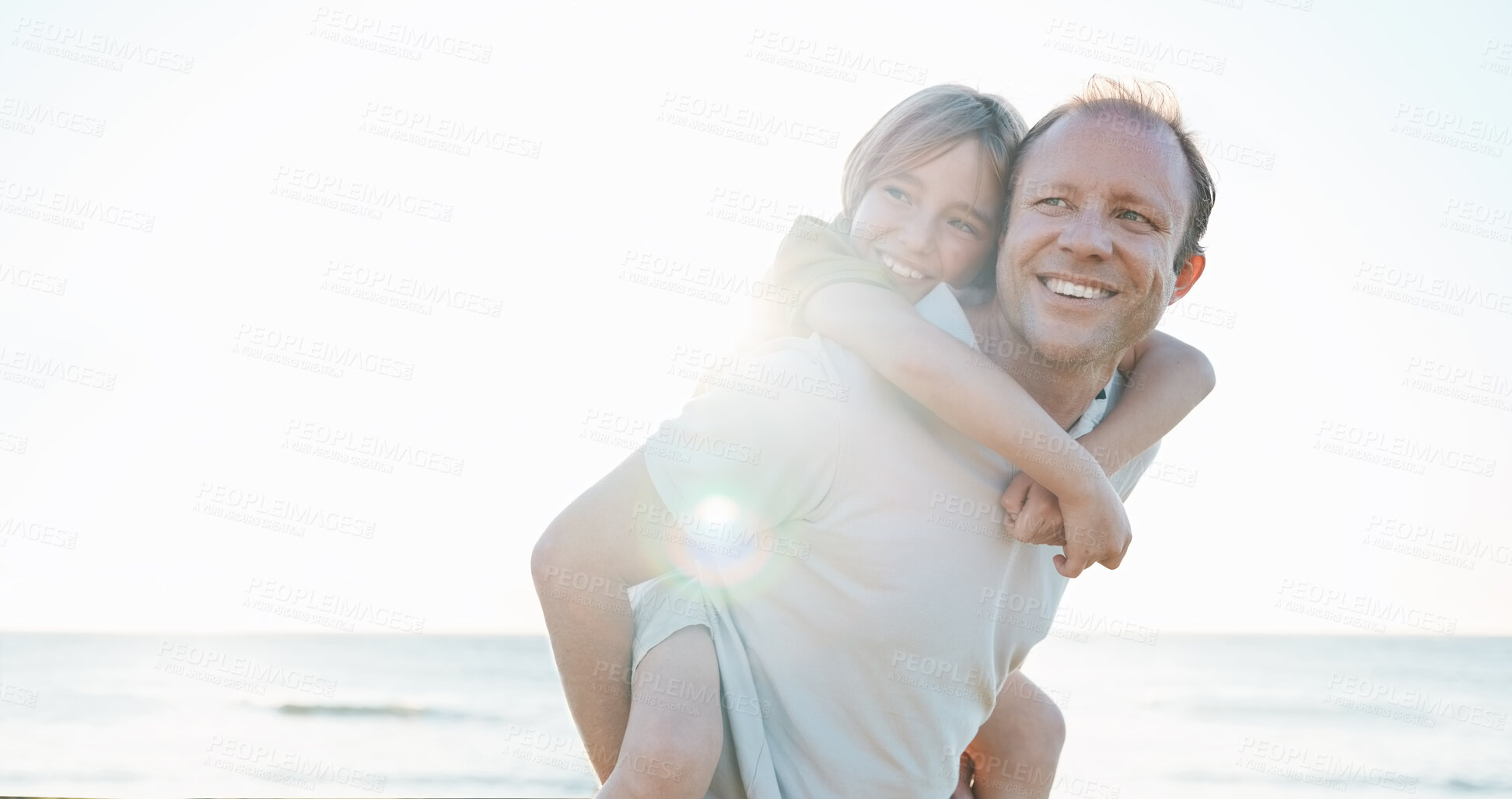 Buy stock photo Child, man and piggy back on beach on happy family holiday in Australia with freedom, fun and energy. Travel, fun and dad with girl, smile and bonding together on ocean sunset vacation with support.