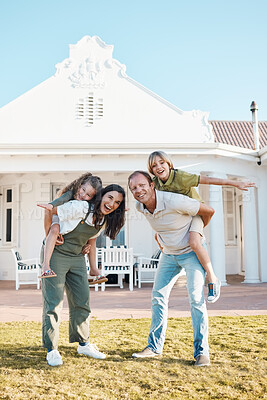 Buy stock photo Happy family, real estate and piggyback on grass by new home, property or apartment on outdoor lawn. Mother, father and children smile in happiness for bonding, investment or holiday weekend at house