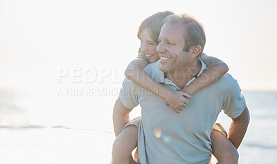 Buy stock photo Girl, dad and piggy back on beach on happy family holiday in Australia with freedom, fun and energy. Travel, fun and father with child, smile and bonding together on ocean sunset vacation with mockup