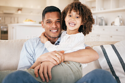 Buy stock photo Portrait, happy or child with father on sofa for bond, healthy relationship or trust to relax together in home. Lounge, single parent and proud dad hugging kid with smile, support or love in family