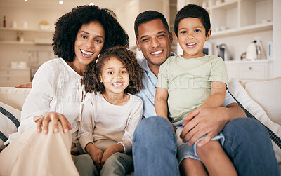 Buy stock photo Family, parents and portrait of kids on sofa for bonding, healthy relationship and relax in home. Happy, African and mother, father and children hug, embrace and cuddle for trust, support and love