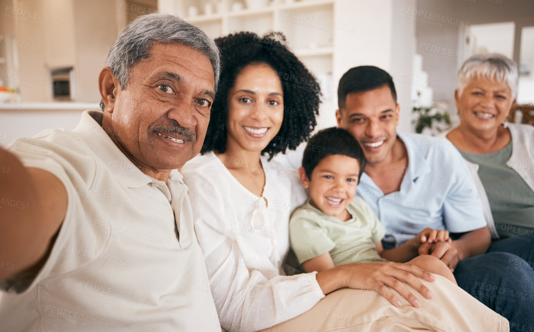 Buy stock photo Family, selfie and grandparents with a smile at home together with young child and mom. Bonding, sofa and happy father with young boy and senior people with photo for social media with kid on couch