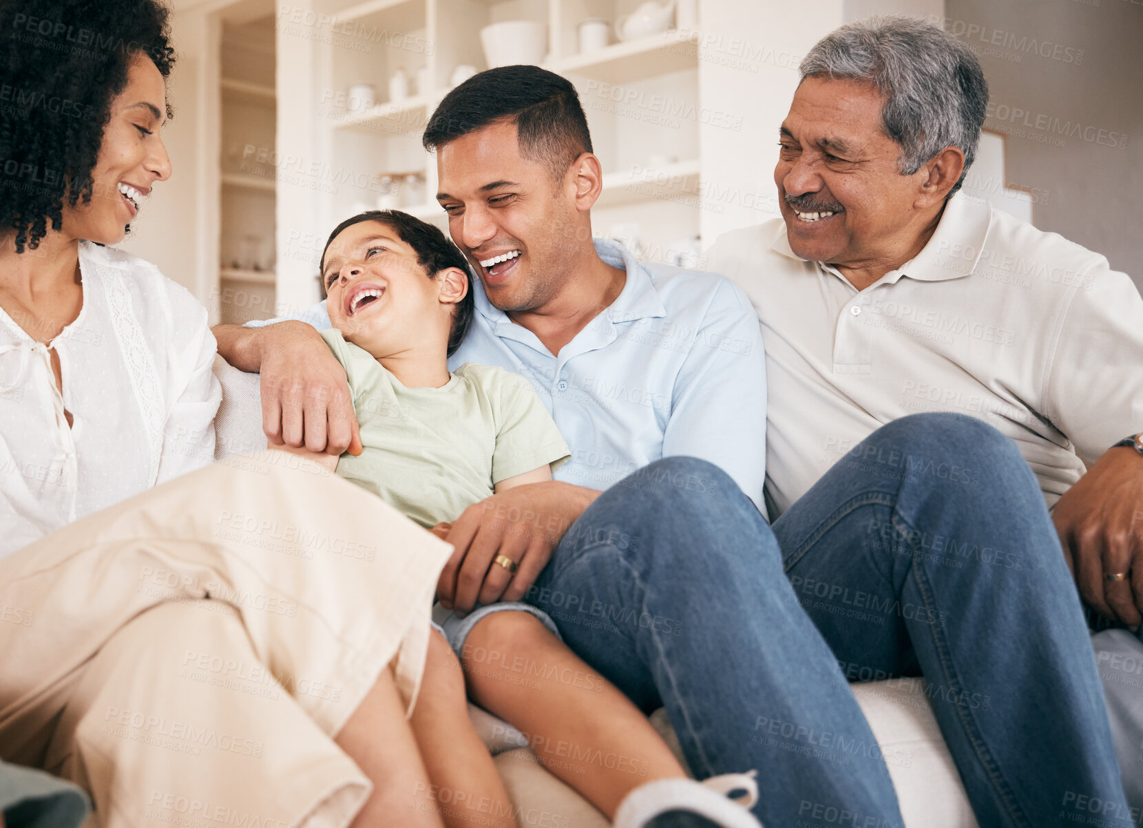 Buy stock photo Hug, parents or happy kids with grandpa on sofa for bonding, healthy relationship or relax in home. Smile, grandfather and mother with dad or children laughing with trust, support or love in family