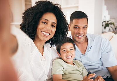 Buy stock photo Happy family, selfie and living room with a smile, portrait and child together with lounge and mom. Bonding, sofa and father with young boy and mother with photo for social media with love and care