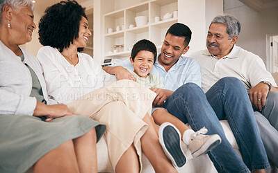 Buy stock photo Mom, dad or happy kid with grandparents on sofa to bond, laugh or relax in family home with smile. Care, grandfather and grandmother with dad, mom or child in lounge with trust, support or love 