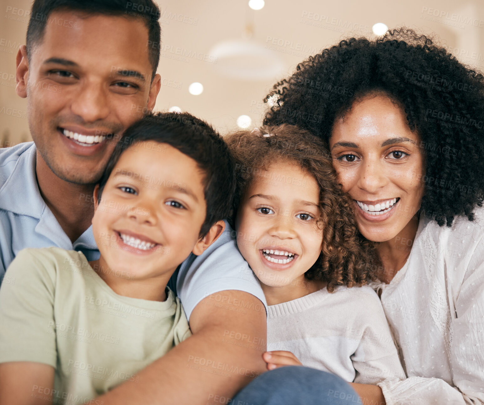 Buy stock photo Happy family, parents and portrait of kids in home for bonding, healthy relationship and relax. Interracial, face and mother, father and children hug, embrace and cuddle for trust, support and love