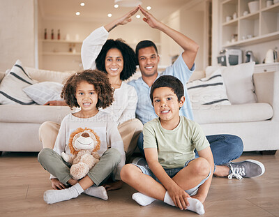 Buy stock photo Portrait, insurance or security with parents and kids on the floor in the living room of their home together. Smile, real estate or property with a mother, father and kids looking happy in a house