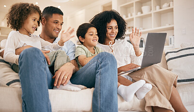 Buy stock photo Laptop, wave and video call with a family on a sofa in the living room of their home together. Love, computer or connection with happy parents and kids talking online for virtual communication