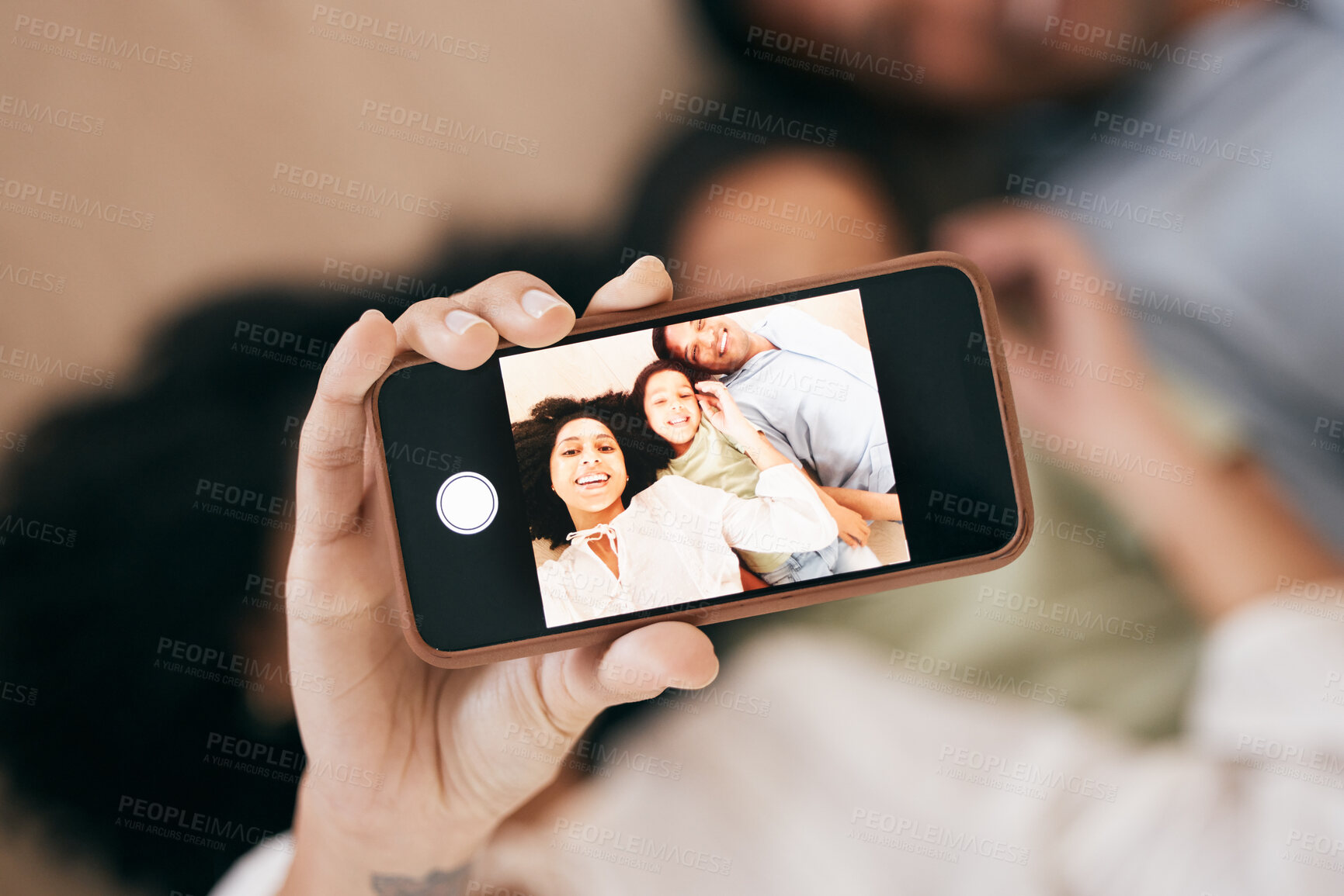 Buy stock photo Family, selfie and hand with phone, screen and profile picture of mom, child and dad together in home with social media or post. Happy, portrait and photography on cellphone with happiness and love