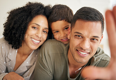 Buy stock photo Selfie, love and smile with a family in the bedroom of their home together in the morning. Portrait, happy or relax with a mother, father and son in bed on a weekend during summer vacation or holiday